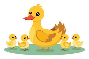 Cute Yellow Duck with Ducklings on Green Grass, Cartoon Style, Transparent Background vector