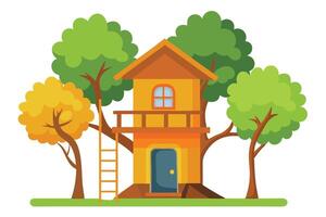 Fun Treehouse Structure Surrounded By Green and Yellow Leaf Trees, Flat Design vector