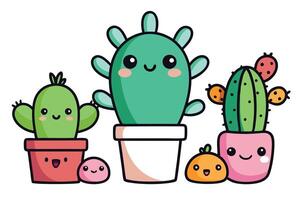 Cute Potted Cacti Arrangement With Happy Faces On Transparent Background Design vector