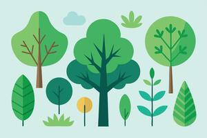 Flat Design Green Trees and Leaves with Cloud on light blue vector