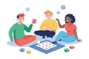 Diverse Friends Enjoying Table Game, Colorful Blocks on Transparent Background vector