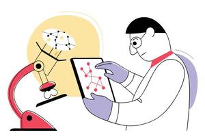 Scientist Analyzing Molecule Structures with Tablet and Microscope on White vector