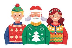 Group Wearing Ugly Christmas Sweaters with Snowflakes and Festive Holiday Patterns vector