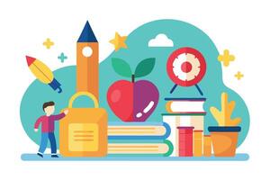 Flat of Boy, Tower, Apple, Clock, Books, Rocket on White Background vector