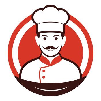 Charming Asian Chef with Mustache and White Hat in Retro Style Badge on White vector