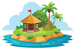 Island Hut with Palm Trees and Mountains, Isolated on White Background vector