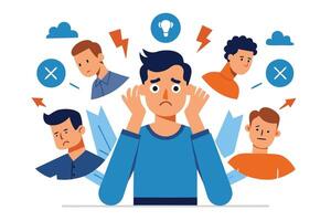 Frustrated Man Surrounded By Thoughts Flat Design on Transparent Background vector
