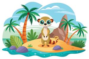 Meerkat Cartoon Character on Tropical Island with Palm Trees and Sand in Flat Design vector