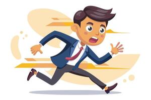 Cartoon Young Man Running Fast with Scared Expression in a Suit and Tie on White vector