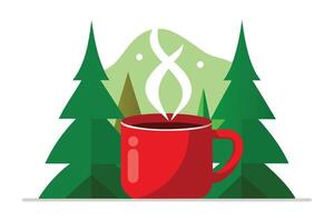 Red Mug with Steam, Green Trees, and Mountain View Flat vector