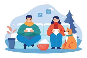 Flat Art of Couple on Sofa with Dog, Tree and Coffee, Isolated on White vector