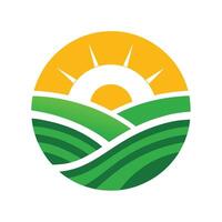 Agriculture Field with Green Terrace and Sun Icon in Circle on White Background vector