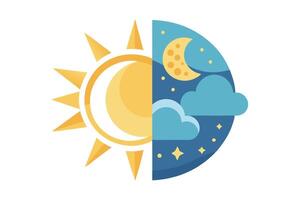 Stylized Sun And Moon Weather Icon with Clouds and Stars on White Background vector