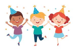 Cheerful Cartoon Kids with Party Hats Jumping, Celebrating, Colorful, vector