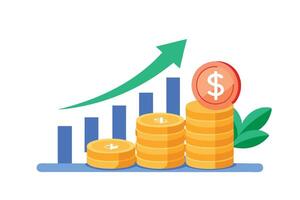 Increasing Coin Stacks and Upward Arrow with Bar Graph on White Background vector