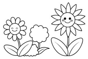 Smiling Outline Flowers with Leaves in Cartoon Style on Transparent Background vector
