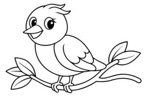Outlined Cute Cartoon Bird Perched on Branch with Leaves on Transparent Background vector