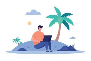 Faceless Man Using Laptop Sitting on Island with Palm Tree in Cartoon Style vector