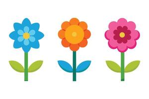 Three Colorful Flowers Isolated on White Background Simple Flat Design vector