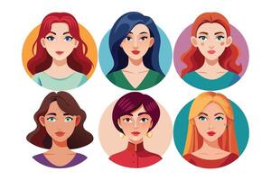 Diverse Women Portraits Set, Colorful Hair, Round Backgrounds, Cartoon Style Faces vector