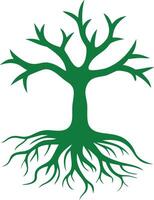 Deciduous Tree Silhouette with Green Trunk and Roots on White Background Isolated vector