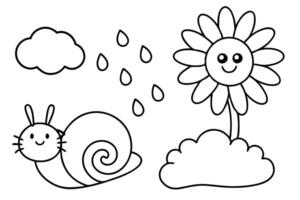 Whimsical Outline Art Smiling Snail, Raindrops, Cloud and Happy Flower on White vector