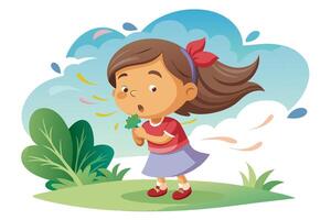 Cartoon Girl Blowing Clover Wish in Windy Weather With Clouds Background vector