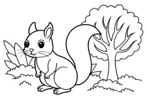 Cartoon Squirrel with Bushy Tail Standing by Tree Line Art vector