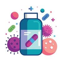 Vibrant Bottle with Capsule Tablet, Virus, and Colorful Abstract Shapes Design vector