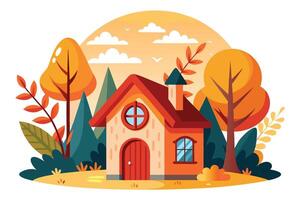 Autumnal With House, Trees, And Sunset In Flat Colorful Design Style vector
