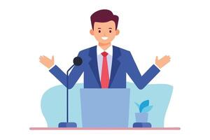 Smiling Speaker on Podium, Open Arms, Red Tie, Blue Suit on White Background vector