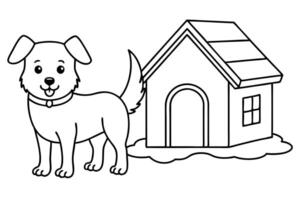 Cartoon Outline of Dog with Collar and Doghouse Isolated on Transparent Background vector
