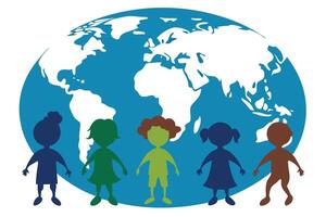 Diverse Children Silhouettes with Colorful Figures Overlaid on Globe vector