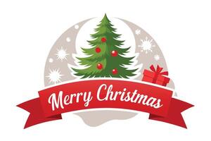 Merry Christmas Design with Green Fir Tree, Red Baubles, and Festive Red Ribbon vector