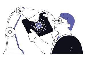 Robot Arm Holding Chip with Cartoon Scientist for Electronics Technology vector