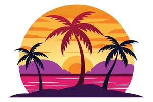 Sunset Palm Trees with Retro Colors and Circular on White Background vector