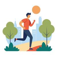 Flat of Male Running in City Park with Buildings in Background vector