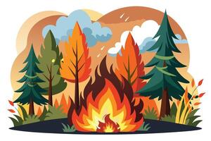 Wildfire Cartoon with Trees, Flames and Clouds in a Forest vector