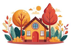 Charming House Surrounded by Autumn Trees with Round Window on White Background vector