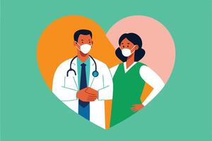 Team of Doctor and Nurse with Face Masks over Heart on Teal Background vector