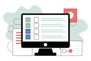 Flat of Digital Monitor with Checkmarks, Boxes and Abstract Shapes vector