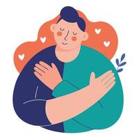 Flat of Content Man Hugging Himself Surrounded by Hearts on White vector