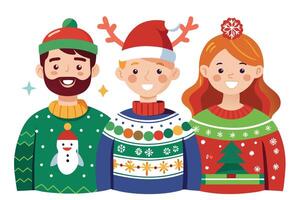 Three People Smiling in Christmas Sweaters with Festive Hats on White Background vector