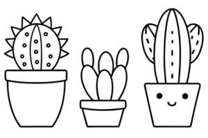 Three Cactus Plants in Pots Line Art Minimalist Style on Transparent Background vector