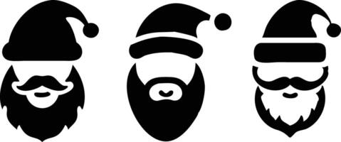 Three Santa Claus Icon Set in Black Silhouette with Hats and Beard on White vector