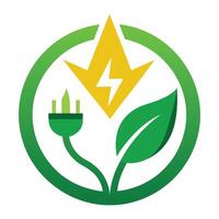 Green Circle with Leaf, Plug and Yellow Spark in on White Surface vector