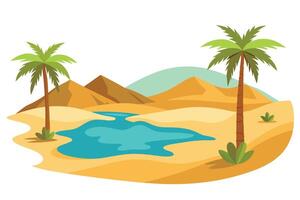 Cartoon Oasis with Palms, Desert, and Water in a Flat Style, Transparent BG vector