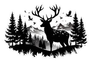 Deer Silhouette with Antlers, Birds, Pines Trees, and Mountain against Transparent Background vector