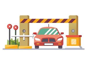 Cartoon Red Car Approaching an Open Security Gate with Yellow and Burgundy Stripes vector
