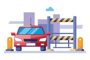 Flat Red Car Vehicle in Front of Striped Barriers and Orange Bollards On White vector